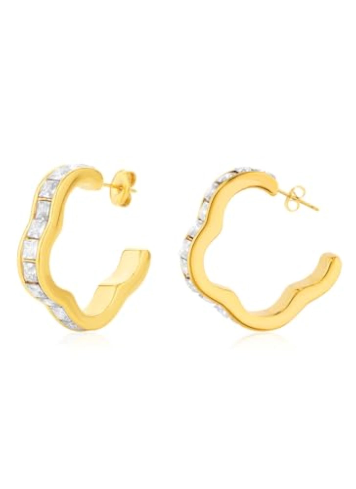 Women's 18K Gold Plated Crystal Ripple Hoop Earrings