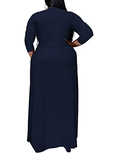 Mayfasey Women's Long Sleeve Plus Size Maxi Dress With Belt High Waist Loose Casual Stretchy Evening Party Dress Cocktail Long Dress Navy Blue Xl #TOP2