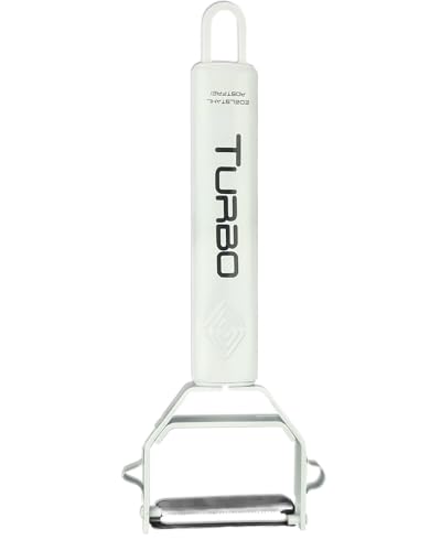 TURBO PRODUKTE Pelador Universal de Acero Inoxidable para Frutas y Verduras, Pelador Delantero y Trasero con Cuchilla Péndulo para Zurdos y Diestros - Función 3 en 1 (Blanco Mate, 1 Pieza)
