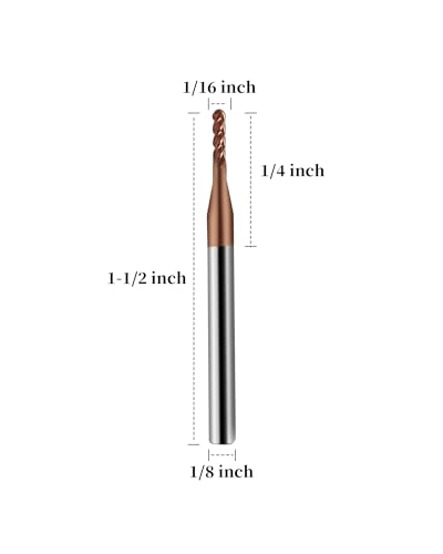 Image of 1 /16 inch Carbide Ball Nose End Mills, TISIN Coated, 4 Flute, End Mill Bits for Alloy Steels and Hardened Steels, 1 /8 inch Shank Diameter- 5pcs