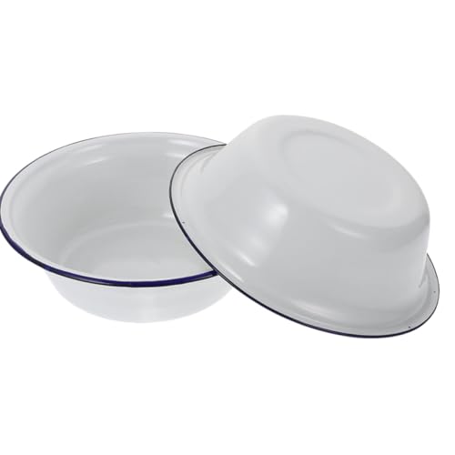 SHINYPASING Cuenco Esmaltado Grueso Blanco 22 CM Set de 2 Cuencos Vintage para Ensaladas Sopa y Frutas Borde Enrollado para Uso en Cocina y Camping