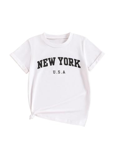 Image of Girls Shirts Short Sleeve Graphic Tees Casual Crew Neck Summer Tops White 13-14Y