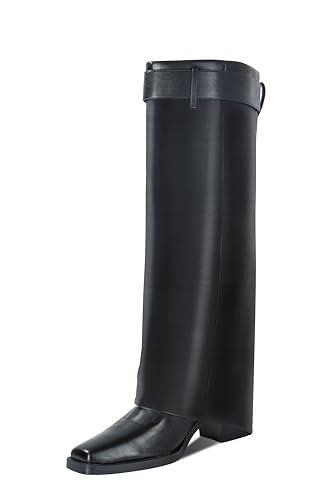 Fold Over Knee High Boots for Women,Boots for Women Knee High Wide Calf,Chunky High Heels Long Boots,2.8-in Pull on Square Toe Metal Buckle Tall Boots for Women,Below Knee Boots Faux Leather2