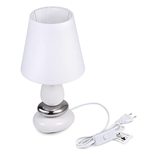 ANNA NIGHT LAMP Lámpara de mesa de cerámica blanca plateada con pantalla de tela, apta para LED, E14 230V de cerámica, lámpara de noche, lámpara de ventana, lámpara de sofá, lámparas de alféizar