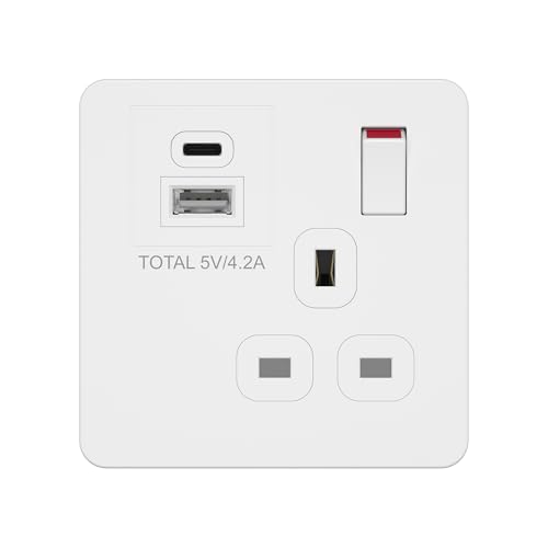 LIDER 1-Gang Switched 13A Socket with 20W USB-A & C Charger Screwless Faceplate Combined 5V/4.2A (20W) Output UKCA Child-Proof Shutter Glossy Finish White (Use 35mm-deep back box)