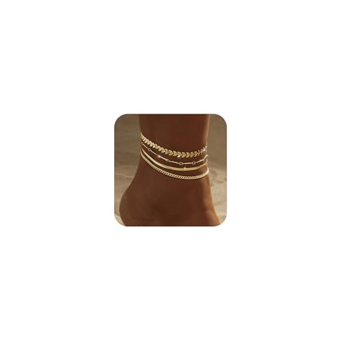 Image of Gold Ankle Bracelets for Women Waterproof,14k Gold Plated Anklet Set 4PCS Cuban Link Snake Chain Dainty Anklets Summer Beach Gift