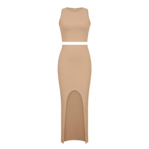 RanRui Women's 2 Piece Outfits One Shoulder Crop Top Split Bodycon Skirt Sets summer new solid color2