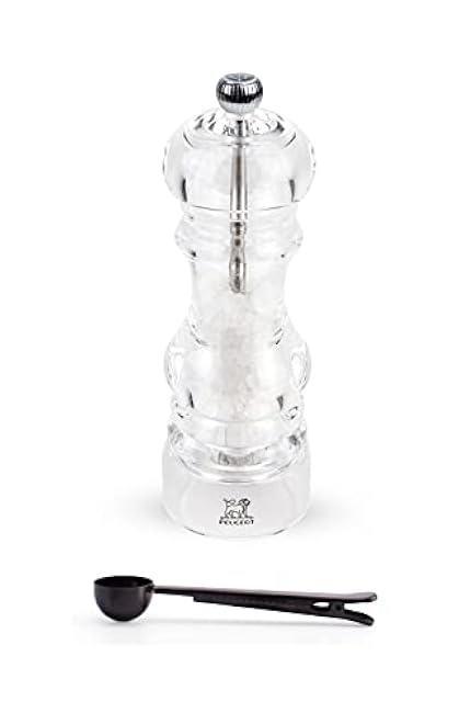 Peugeot - Nancy Acrylic Manual Salt Mill - Transparent Adjustable Grinder Gift Set- With Stainless Steel Spice Scoop/Bag Clip, 7 Inch