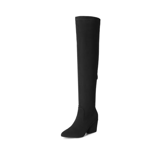 DREAM PAIRS Women's Pointed Toe Thigh High Over the Knee Boots Tall Chunky Blocked Heel Fall Long Fashion Sexy Boots 6 Black-suede