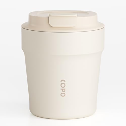 Travel Mug with Ceramic Coating Insulated Coffee Cup for Hot Drink Reusable Thermal Cup 240 ml/8oz Leak Proof Coffee Flask Stainless Steel Coffee Travel Mug with Lid for Home Office School (White)