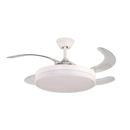 VENTILADOR APP MOVIL FACIL MONTAJE EN TECHO DC LED ATENUABLE RETRACTIL 4 ASPAS - Opción Sin Pitido, Temporizador, Control Invierno Verano, 3 Tonos, Modo Brisa, Bajo consumo (Blanco, 107D)