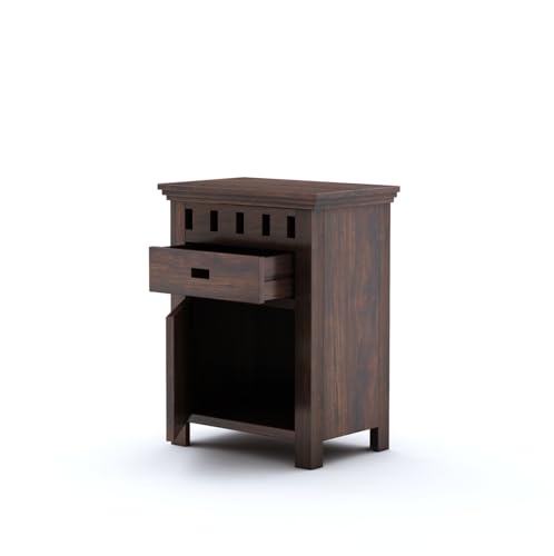 Image of Sheesham Wood Bedside Table with Drawer and Door Storage Nightstand | Multipurpose Wooden Sofa Side End Table Furniture for Bedroom, Living Room, Guest Room, Home, and Hotels (Walnut Finish)