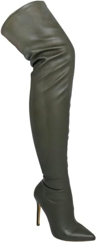 Liliana Women Stretchy PU Thigh High Boot Pointed Toe Stiletto Hight Heel Over The Knee Boot, 9, Olive