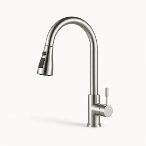 Grifo de Cocina con Ducha Extraíble y Cuello de Cisne Alto – Grifo Monomando con 2 Modos de Chorro, Rotación 360°, Retracción por Gravedad, Acabado Cepillado Antihuellas y Manguera Trenzada Incluida