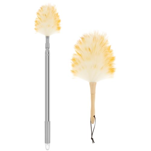 2Pcs Sofa Cleaning Lambswool Duster, Feather Duster for Cleaning Fans, Reusable Table Cleaning Faux Lambswool Duster with Retractable Pole for Photo Frames and Furniture
