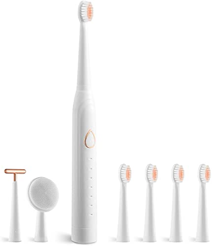 moonsun Electric Toothbrush, with 6 Brushing Modes, Smart Timer and IPX7 Waterproof, with 5 Dupont Brush Heads, 1 face Washing Brush Head, and 1 Facial Massage Brush Head-White