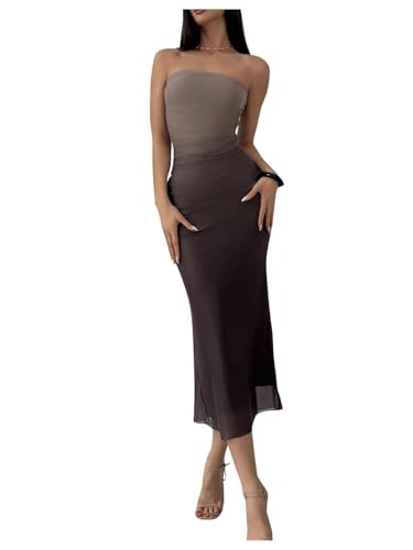 Image of GORGLITTER Women's Sunset Ombre Strapless Cocktail Bridal Shower Midi Dress | Orange Wedding Guest Dress, Mesh Tube Dress, Bridesmaid Dresses, Vacation Beach Sundresses,