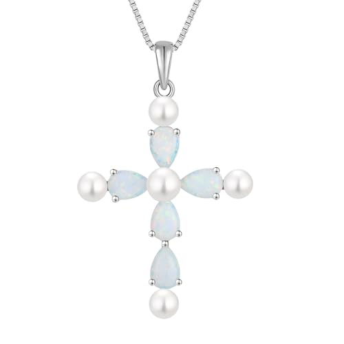 YL Cross Necklace 925 Sterling Silver Freshwater Pearls Pendant Birthstone Religious Jewelry for Women