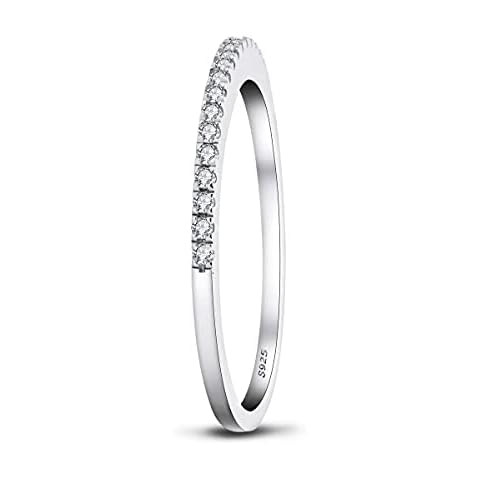 DYUNQ 1.2mm Rhodium Plated Sterling Silver Anniversary Wedding Band Cubic Zirconia Half Eternity Bands for Women (4) Cover