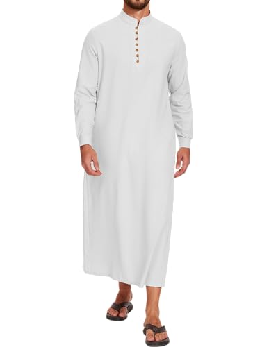 LVCBL Kaftan Herren Lang Leinen Thobe Herren Langarm Muslimische Robe Weiß 2XL