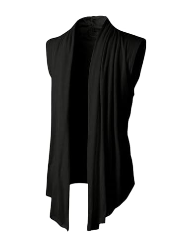 OYOANGLE Men's Sleeveless Cardigan Open Front Draped Collar Vest Jacket Asymmetrical Hem Shirt Black XX-Large