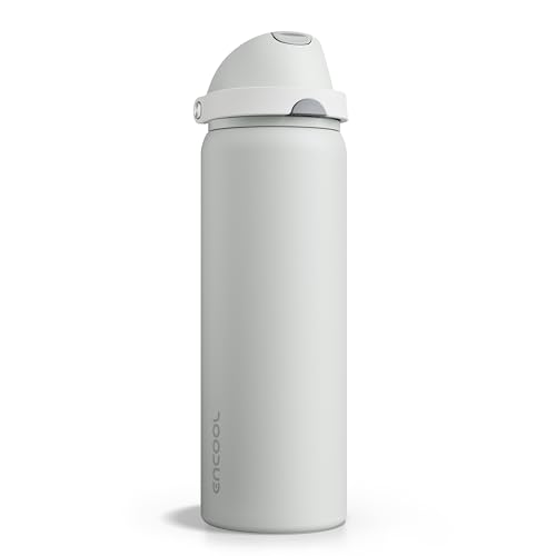 Image of Insulated Water Bottle with Straw - Encool Stainless Steel Water Bottle with Push Button Lid, Leak-Proof & BPA-Free, Keeps Cold for 24 Hours for Sports, Travel, Gym (32 oz, Silver Grey)