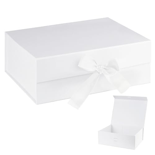 OFFASST Boîte Cadeau Vide en Carton Blanc avec Couvercle - Boîte à Cadeau Réutilisable pour Mariage & Anniversaire - Coffret Cadeau Pliable avec Ruban - 23x17x7 cm