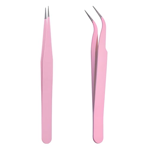 iCovalescent Paquete de 2 Pinzas Puntiagudas Curvas Rectas de Para Extensiones de Pestañas,Pegatinas Para Uñas,Diamantes de Imitación, Recogedores de Pestañas(Rose)