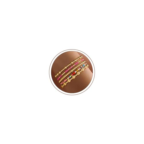 Turandoss 5PCS Gold Beaded Bracelets for Women Dainty 14K Gold Plated
