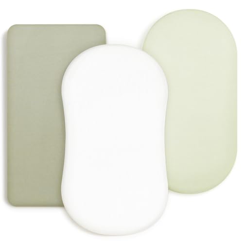 GRSSDER Stretchy Ultra Soft Fitted Bassinet Sheet 3 Pack, Universal Fit for Bassinets Baby Cradle Moses Basket Oval Rectangle Mattress Safe and Snug, Jersey Bassinet Sheets for Girls, White/Sage