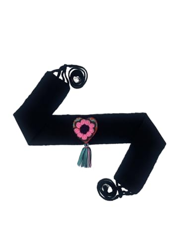 Traditional Mexican Embroidered Heart Belt with Tassel, Black belt WITH hand made heart with Floral Design and pompoms2
