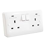 SHPELEC Double Socket with FASTCHARGE USB-C and 25mm Pattress Box, 2 Gang Switched Wall Socket White, Dual Charging Ports 15W, UK Double Plug Socket