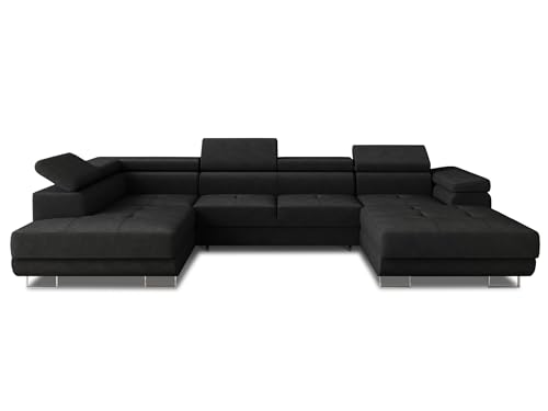 Sofnet Wohnlandschaft Caris U mit Schlaffunktion und einstellbare Kopfstützen, Ecksofa mit Zwei Bettkästen, Couch, Sofa, Bettsofa (Schwarz (Kronos 07), Ecksofa Rechts)