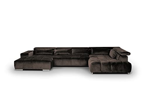 Mivano Wohnlandschaft Orion / Riesige Couch in U-Form inkl. XL-Recamiere und Kopfteilfunktion / 409 x 73 x 225 / Velours, Braun – Bild 6