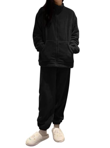 Minetom Femme Ensemble de Pyjama Automne Hiver Manche Longue Doux Chaud Polaire Vêtements de Nuit Survetement de Sport Zippé Veste et Pantalon Deux Pièces A Noir S