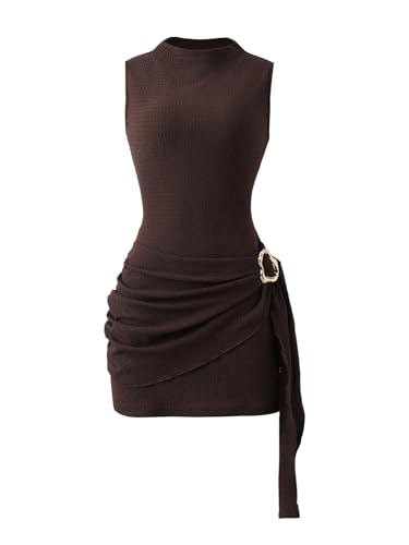 SOLY HUX Womens Summer Mini Dress Mock Neck Sleeveless Ruched Bodycon Casual Dresses Solid Brown Medium