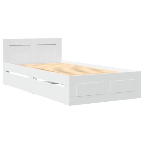 vidaXL Bettgestell Bett mit Kopfteil Bettrahmen mit Lattenrost Einzelbett Schlafzimmerbett mit Stauraum Weiß 100x200cm Holzwerkstoff