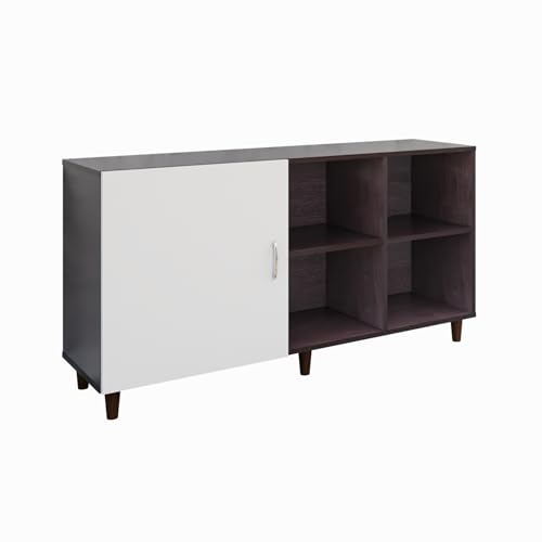 Image of VIKI Modern TV Unit for Living Room | Engineered Wood TV Cabinet with 1 Door Storage & 2 Open Shelves, Entertainment Unit, 140W x 74H x 40D cm | DIY | 1 Year Warranty (Wenge & White)