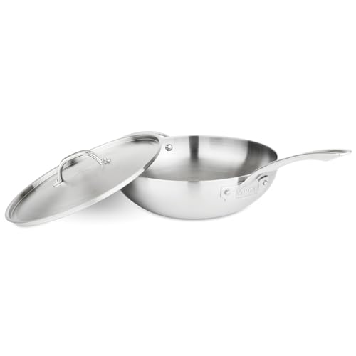 Viking 5-Ply Chef Pan, 12 Inch Stainless Steel Saute and Frying Pan with Lid, Dishwasher and Oven Safe, Induction Ready, Silver