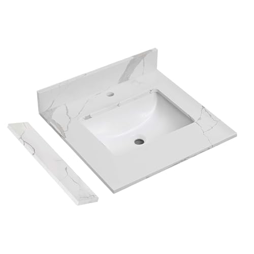 EQLOO 24 in.W x 22 in.D Quartz Calacatta River Vanity Top,with Undermount Middle Sink Vanity...