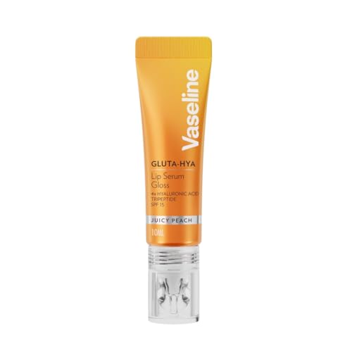 Vaseline Gluta-Hya Juicy Peach Lipgloss, siero per la cura delle labbra con acido ialuronico e tecnologia GlutaGlow, colorato e protettivo con SPF 15, (Juicy Peach - 1 x 10ml)