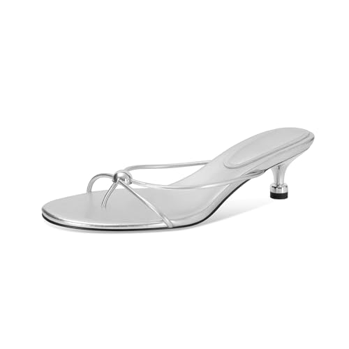 SOVANYOU Silver Kitten Heel Sandals for Women Open Toe Flip Flop Heels Slip-on Thong Heeled Sandals