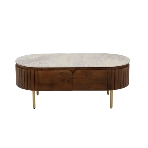Image of The Attic Carlston Coffee Table, Coffee Table for Living Room, Solid Wood Centre Table with Ceramic Top, Tobacco Brown Finish