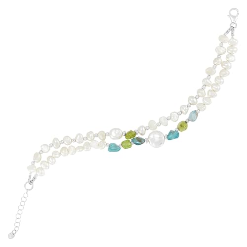 Silpada 'Blooming Garden’ Sterling Silver Freshwater Cultured Pearl, Peridot, and Aquamarine Chain Bracelet, 7” + 1”2