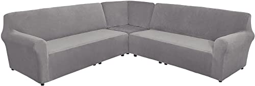 Fundas de Sofá en Forma de L Fundas de Sofá Seccionales de 3 Piezas, Funda de Sofá de Esquina Funda Protectora de Muebles de Terciopelo con Parte Inferior Elástica (Gris Claro,Forma de L 7-Plazas)