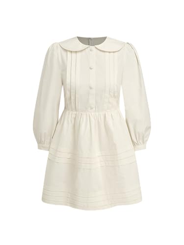 CIDER Mini Dress Peter Pan Collar Long Sleeve Babydoll Smock Cotton Middle Waistline Party Casual Dress