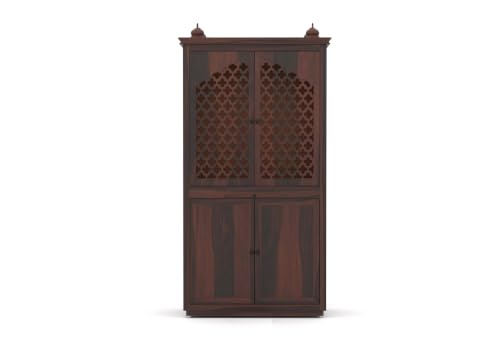 Image of Solid Sheesham Wood Temple for Home & Office /Mandir /God Stand /Pooja Stand /Home Mandap /Mandapam with Cabinet Doors & Multiple Storage (Walnut-2, Large)
