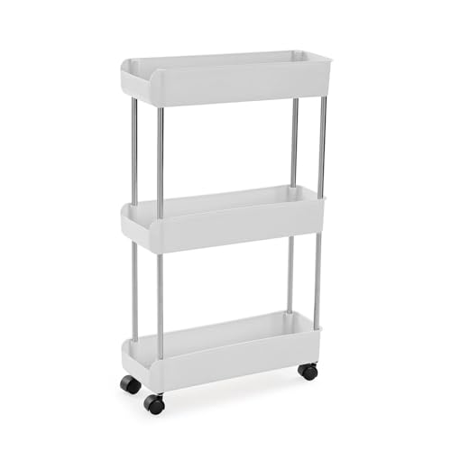 TIENDA EURASIA - Carrito Auxiliar con Ruedas | Organizador de Cocina o Baño | Estructura de Acero y Baldas de Plástico | Color Blanco (Rectangular 3 Alturas - 40.5 x 13 x 65 cm)