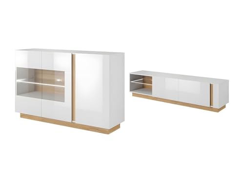 Vente-unique-Conjunto aparador y Mueble TV Blanco Brillante y Natural - Comedor Luminoso MURARI