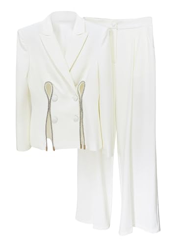 Women's Diamonds Two Piece Suit Hollow Out Blazers Coat Wide Leg Pants Elastic Waist Female Long Trousers Suits